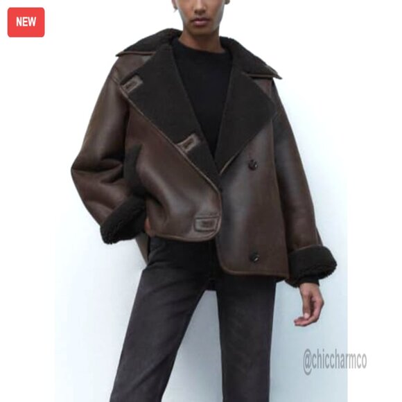 Sherpa Lined Faux Leather Jacket Oversized Motorcycle Style Winter Casual - Picture 3 of 6